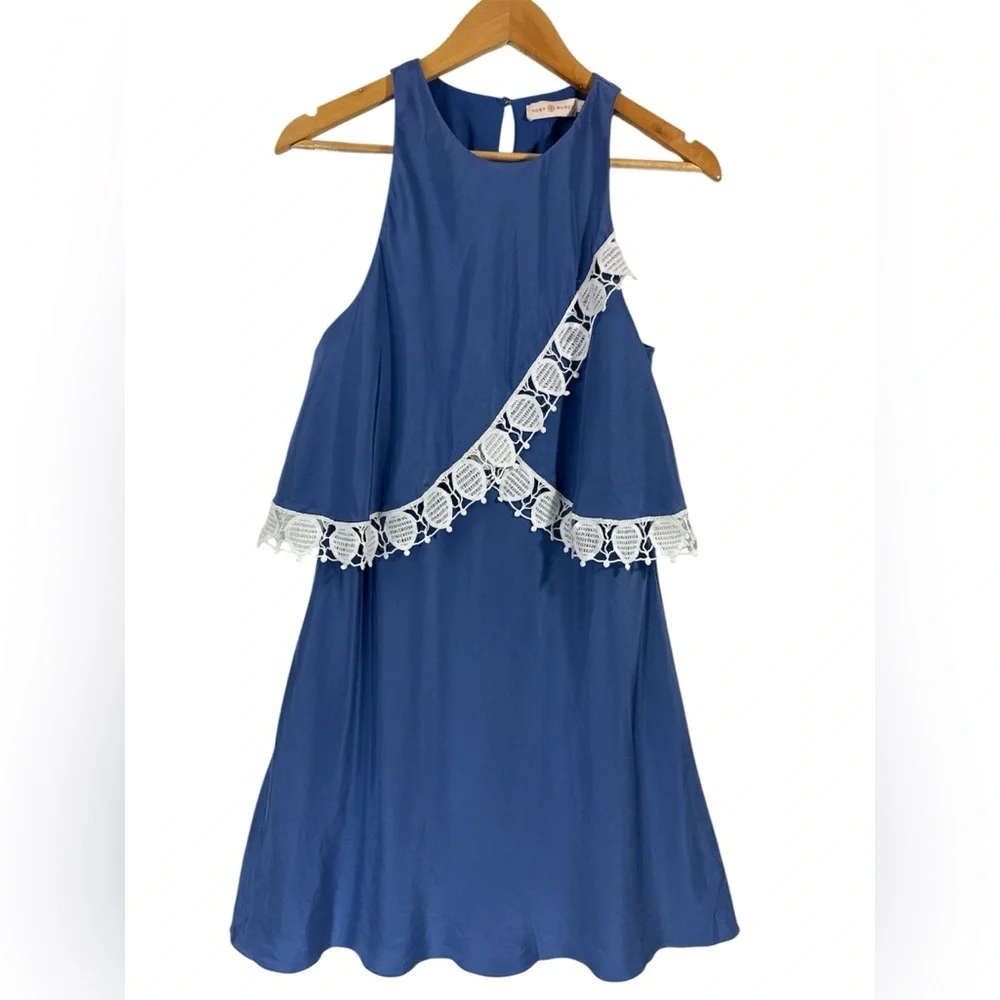 Tory Burch Amanda Lace Trim Silk A-Line Dress Hudson Blue Size 6 Sleeveless